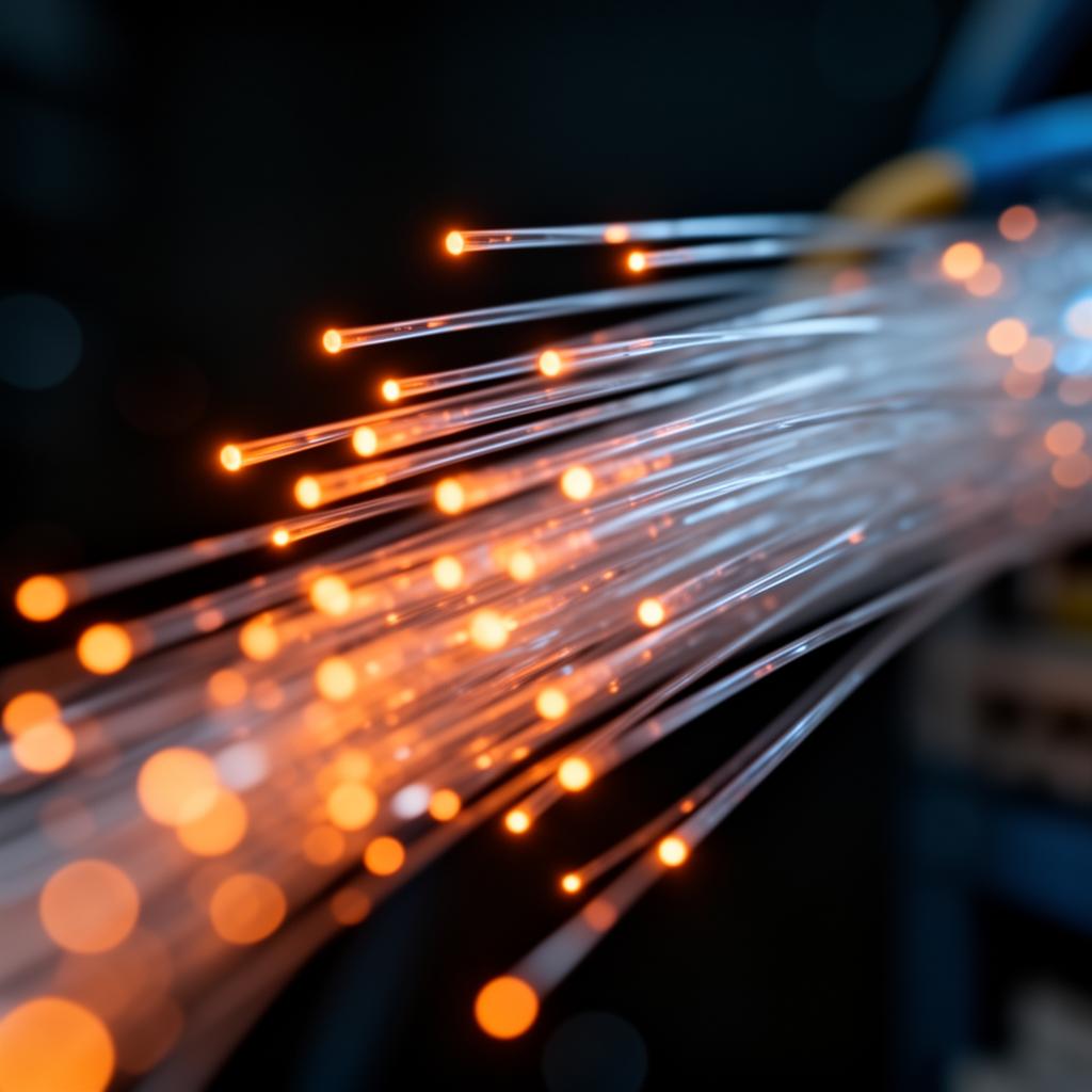 Fiber optic cables glowing with orange light